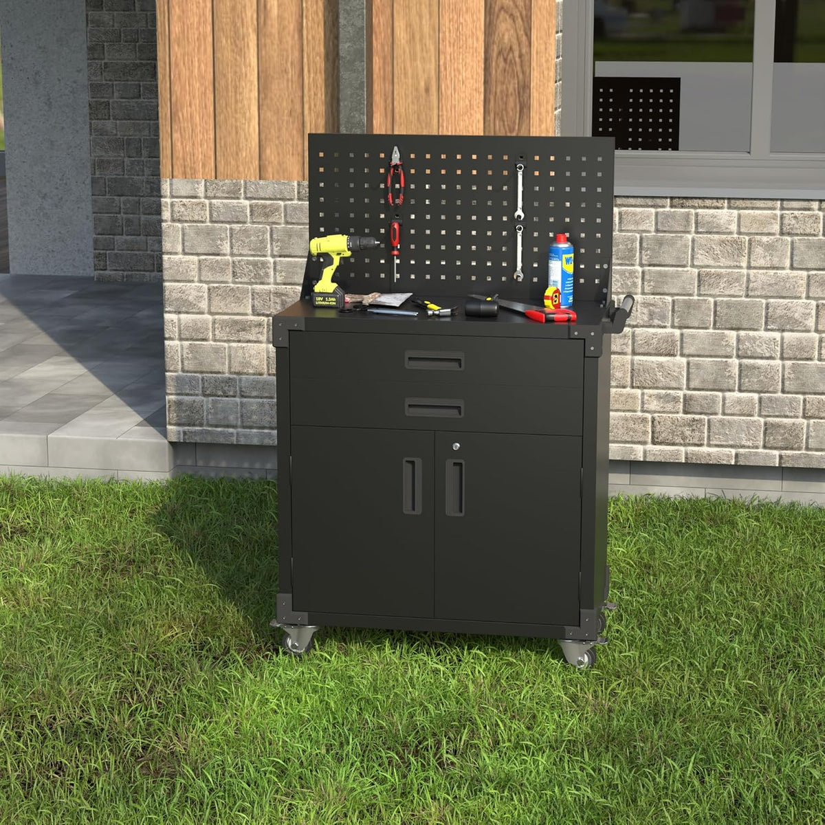 Professionele gereedschapskast met 2 laden, werkplaatswagen met gereedschapsplank (pegboard), 4 opberghaken en wielen, stabiele metalen kast voor het opbergen van gereedschap