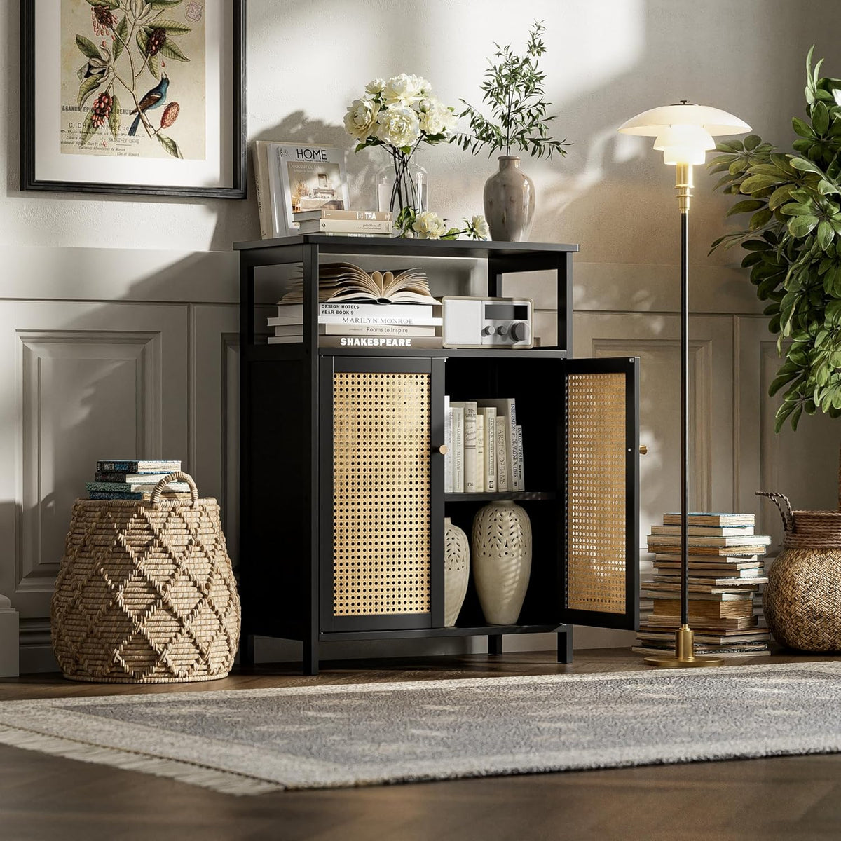 Bamboe Vloerkast – Opbergkast – Badkamerkast – Bijzettafel – Kast Met Rotan Deuren – Compact Formaat – Duurzaam Bamboe Materiaal - QUORE