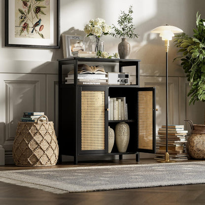 Bamboe Vloerkast – Opbergkast – Badkamerkast – Bijzettafel – Kast Met Rotan Deuren – Compact Formaat – Duurzaam Bamboe Materiaal - QUORE
