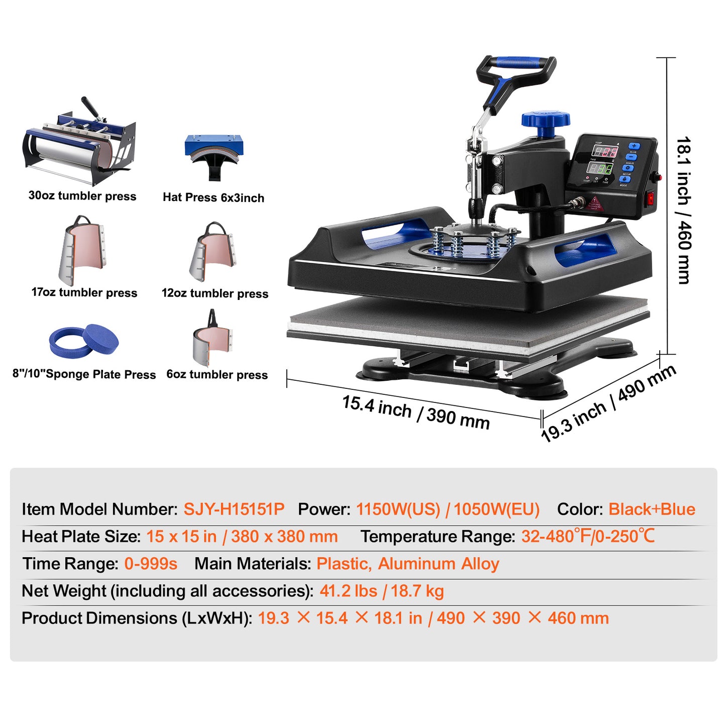 Warmtepers – Transferpers – Textielpers – Mokkenpers – 8-in-1 Multifunctionele Machine – Groot Persoppervlak 38x38 cm – Digitale Temperatuur- en Tijdinstelling