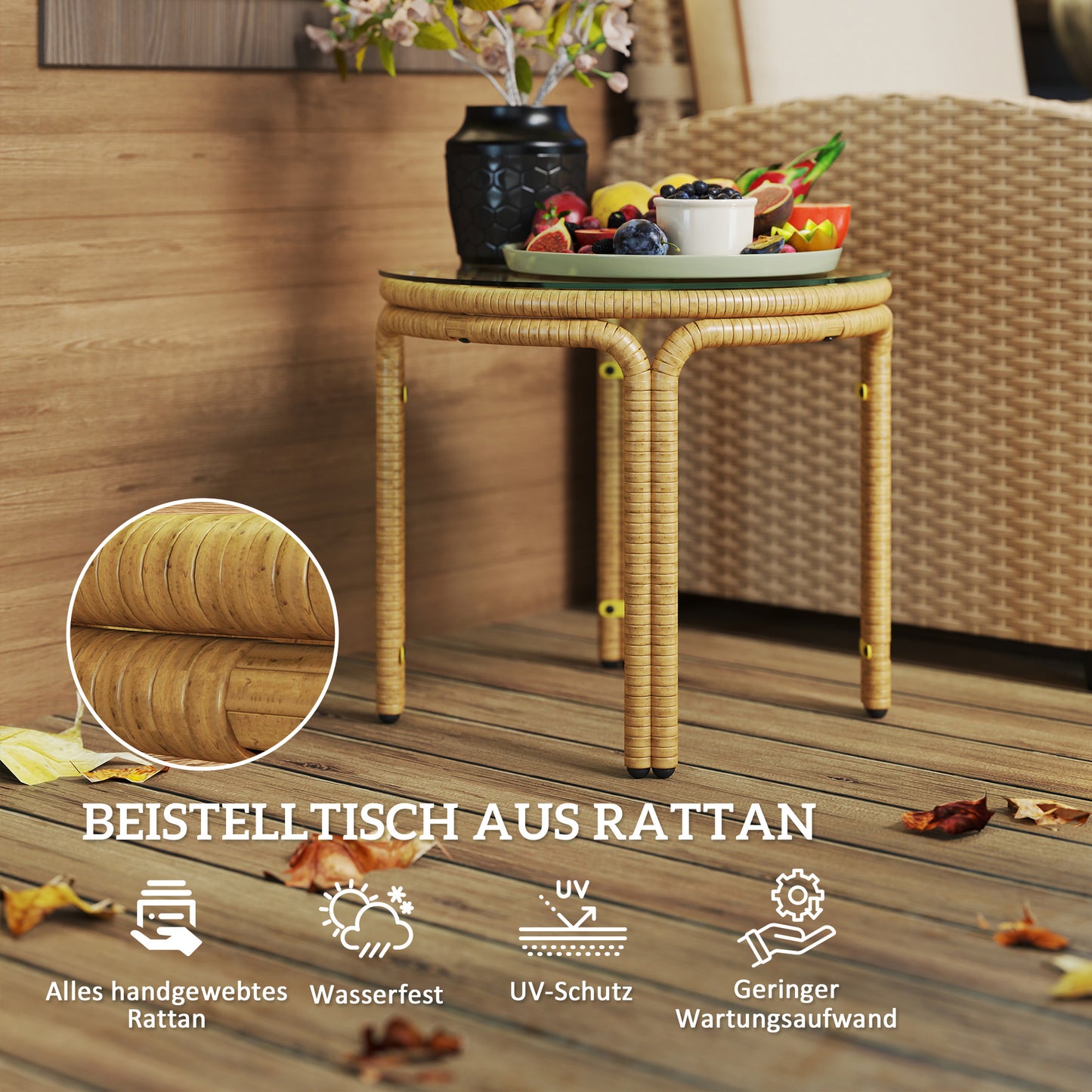 Bijzettafel – Bijzettafeltje – Nachtkastje – Salontafel – Side Table – Ronde Polyrattan Tafel – Veiligheidsglas – 50 cm Ø – Geel