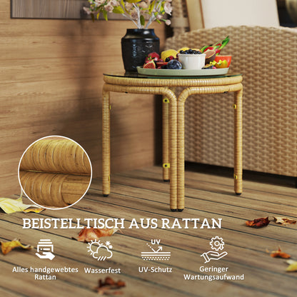 Bijzettafel – Bijzettafeltje – Nachtkastje – Salontafel – Side Table – Ronde Polyrattan Tafel – Veiligheidsglas – 50 cm Ø – Geel