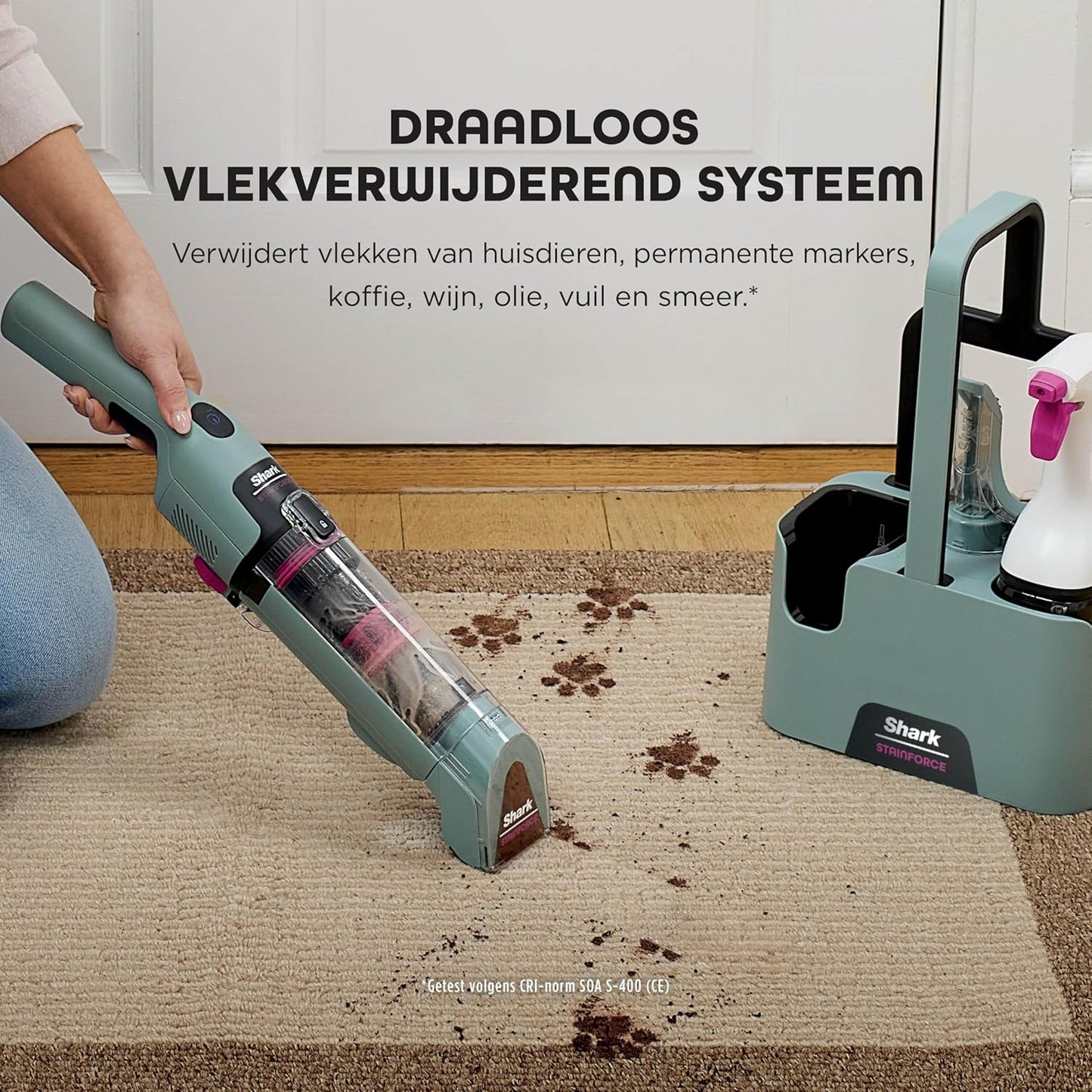 Shark StainForce snoerloze vlekkenverwijderaar, lichtgewicht en draagbare vlekkenverwijderaar voor tapijten, bekleding, trappen, auto's, met opvangbak, accessoires en 2x reinigingsoplossing, HX100EUCP
