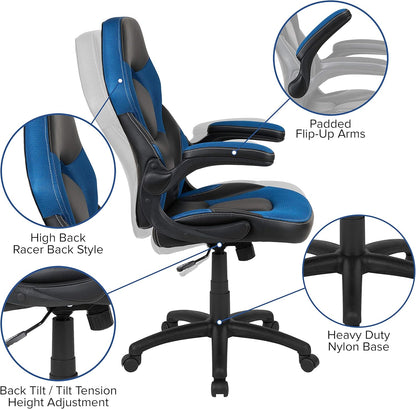 Flash Furniture X10 Gamingstoel, ergonomische bureaustoel voor pc- en gaming-setups, verstelbare gamerstoel met rugsteun, LeatherSoft, blauw/zwart - QUORE