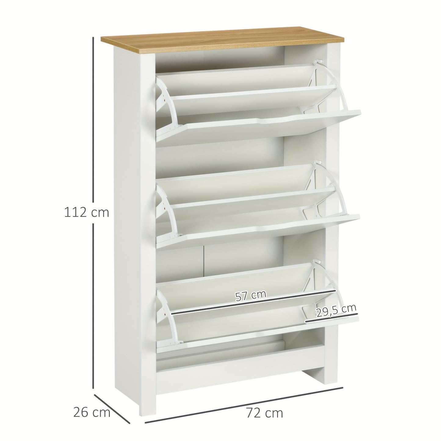 Schoenenkast – Schoenenkast – Schoenenrek – Schoenenopberger – 3 Kantelkleppen – Voor 18 Paar Schoenen – Ruimtebesparend – Wit Met Natuurlijke Houtaccenten – 72x26x112 cm