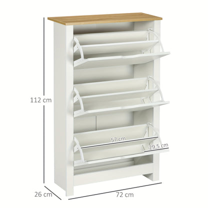 Schoenenkast – Schoenenkast – Schoenenrek – Schoenenopberger – 3 Kantelkleppen – Voor 18 Paar Schoenen – Ruimtebesparend – Wit Met Natuurlijke Houtaccenten – 72x26x112 cm