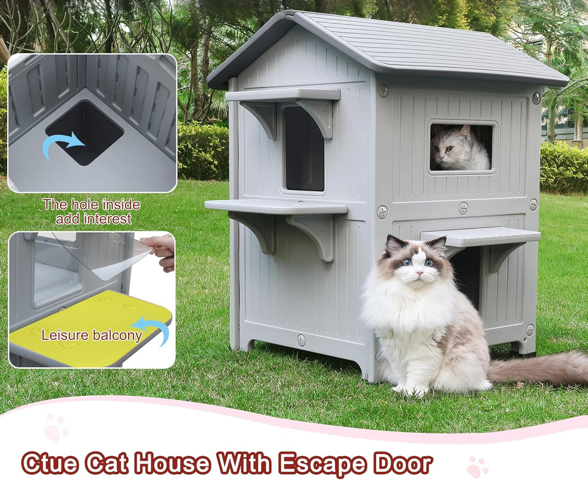 2-verdieping kattenhuis voor buiten met geïsoleerde voering, buitenhuizen voor katten kunststof buiten kattenonderkomen weerbestendig met vluchtdeur