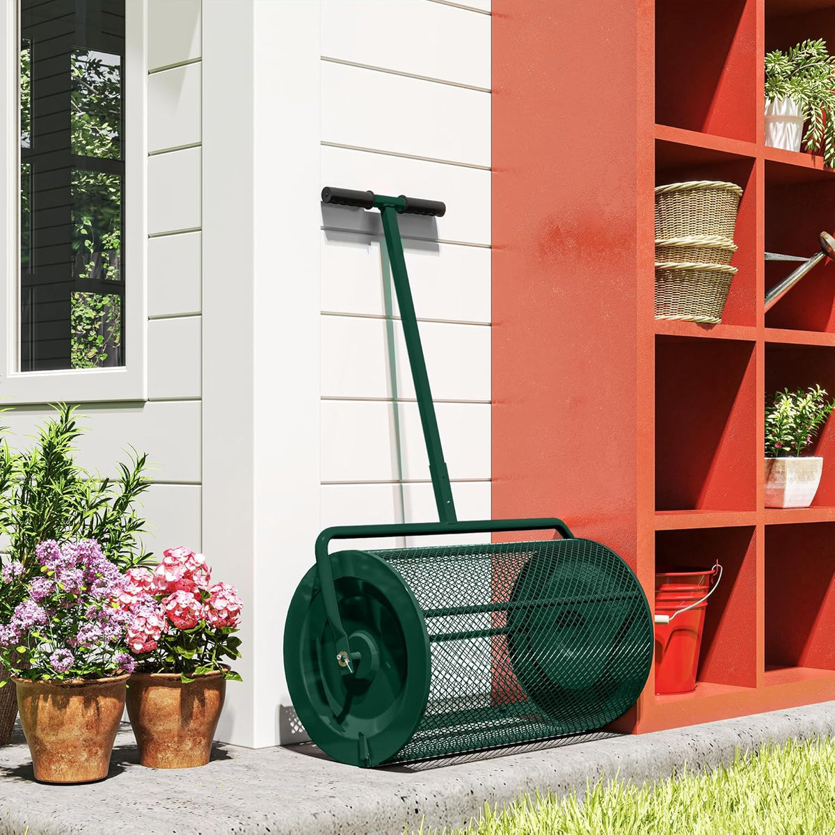 Outsunny Compost Spreader, 24" Peat Moss Spreader with Height Adjustable T Shaped Handle and Metal Mesh Basket, Garden Spreader for Seeding, Spreading Manure, Green - QUORE