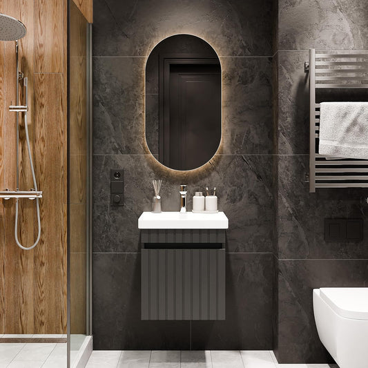Planetmöbel Cosmia Bathroom Furniture Set Sink 50 x 60 x 35 cm Anthracite Mirror Lighting 50 cm Chrome Ceramic - QUORE