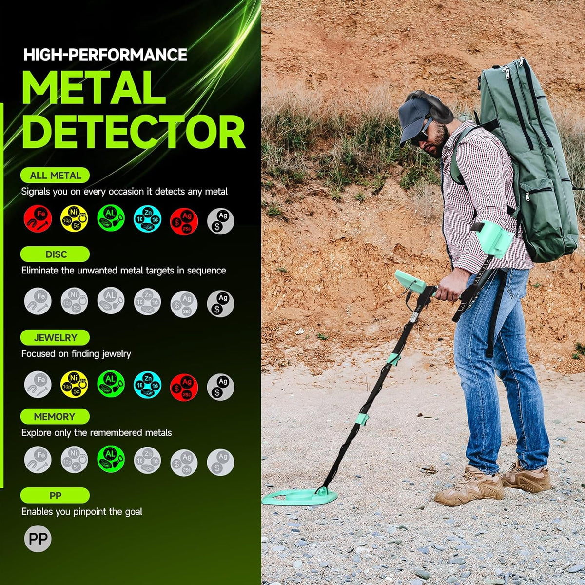 Metaaldetector met kleurenscherm, hogere nauwkeurigheid, instelbare waterdichte metaaldetectoren Pinpoint, 11 inch zoeken, ideaal voor goud, munten,
