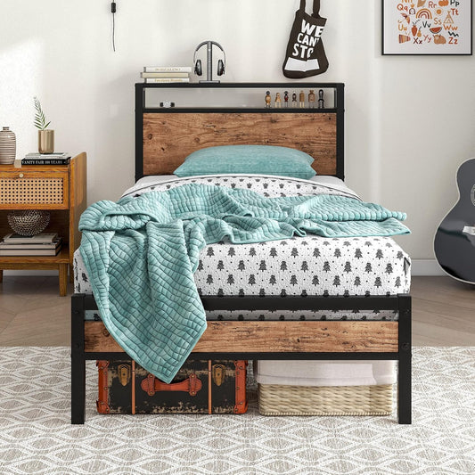 Eenpersoonsbedframe van massief metaal, met houten hoofdeinde, sterk ijzer, platformbedframe, eenpersoonsbed, geen boxspringbed nodig, matrasfundering, opslag onder het bed