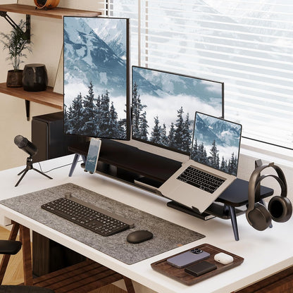 Fenge Monitor Stand, Dual Monitor Riser voor 2 monitoren met verstelbare Laptop Riser, 108cm Desk Organizer met Pad / Hoofdtelefoonhouder Max Belasting 50KG (Zwart)