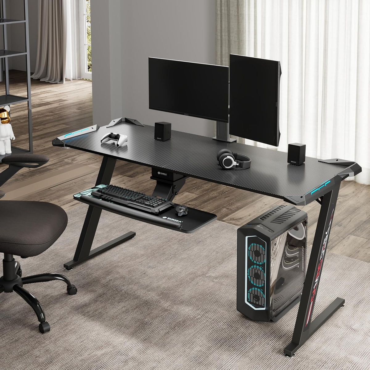 Eureka Ergonomic Gamingtafel, 153 × 60 cm, groot gamingbureau, tafel met ledverlichting, gamer, pc-tafel, desktop op koolstofvezel, gaming computertafel