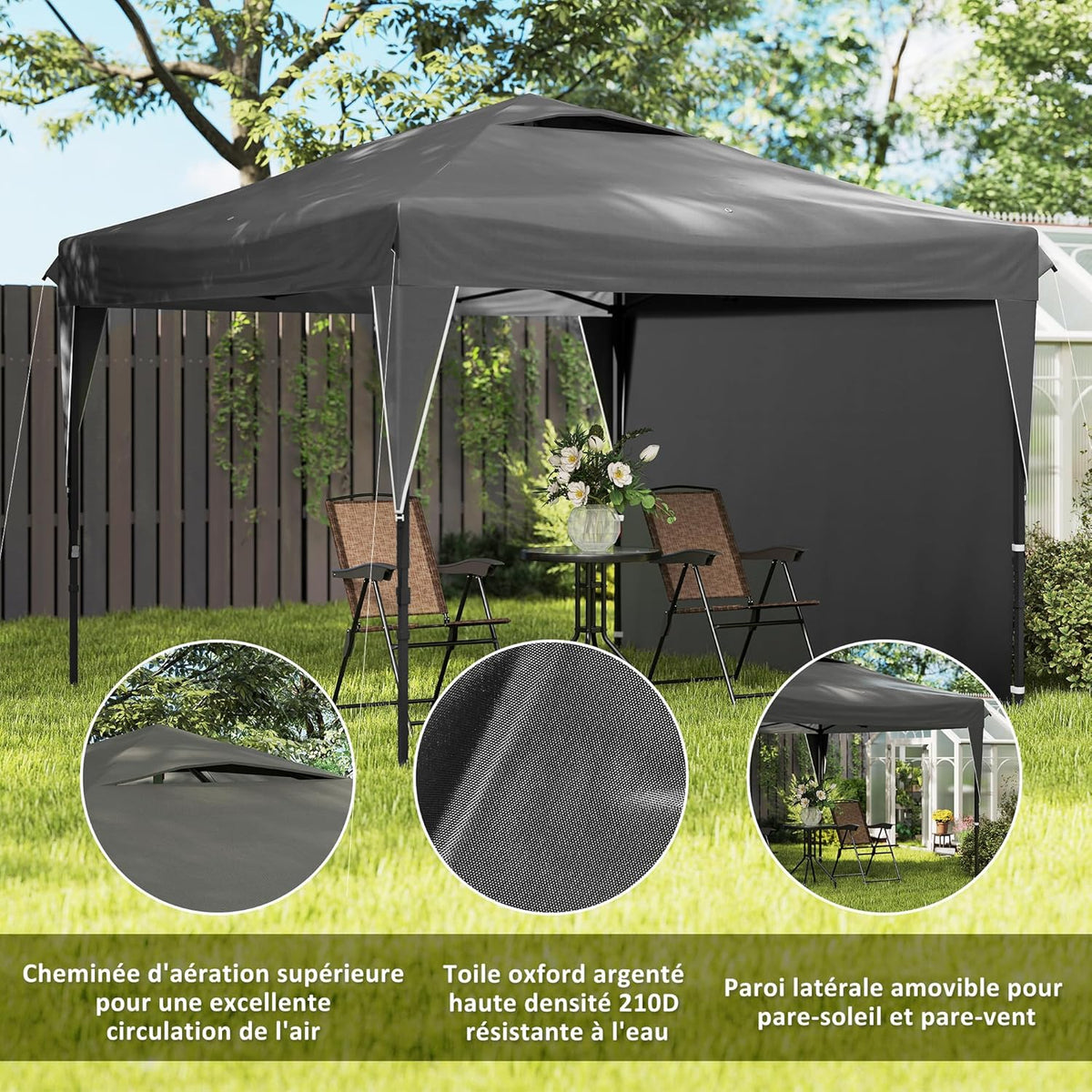 Outsunny Barnum Pop-up Garden Gazebo Foldable with Removable Side Wall + Carry Bag, Steel, Oxford Fabric, 3 x 3 x 2.65 m, Grey