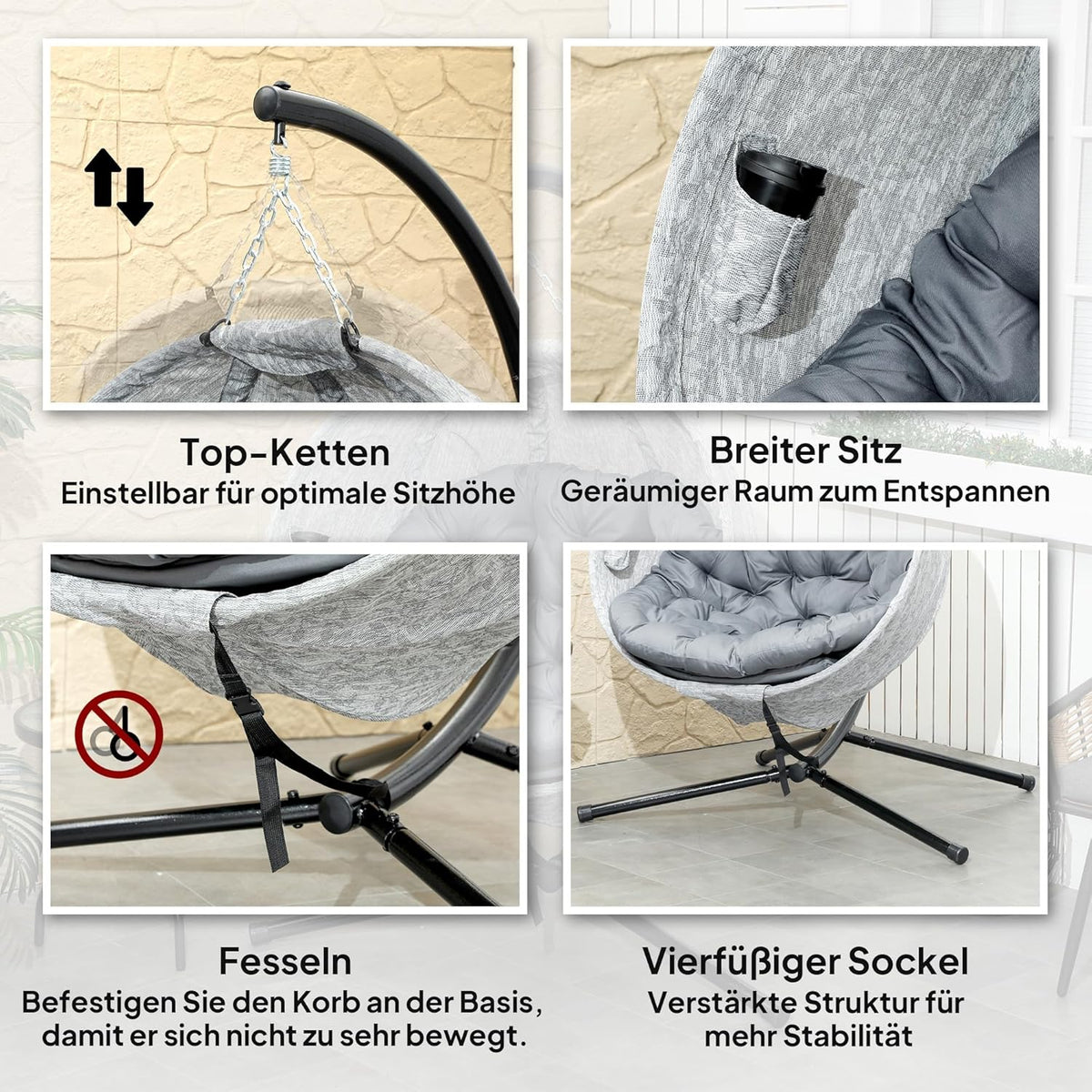 Hangstoel – Schommelstoel – Hangmand – Tuinstoel – Relaxstoel – Grijs – 13 Cm Dik Kussen – Inklapbaar Frame