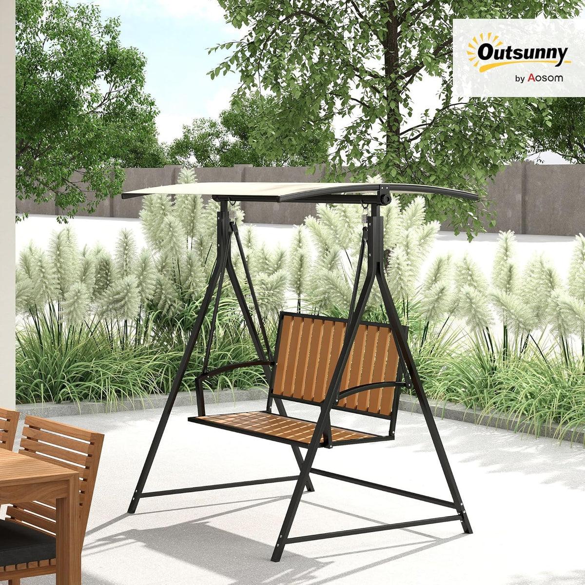 Outsunny Hollywoodschaukel mit verstellbarem Sonnendach, 2-Sitzer Gartenschaukel, wetterfest Schaukelbank belastbar bis 240kg, Gartenliege für Garten, Terrasse, 142 x 112 x 162cm, Schwarz