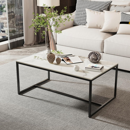 Salontafel Rechthoekig – Koffietafel – Tafel – Woonkamertafel – Sofatafel – Zwart Metalen Onderstel – Wit Marmerlook Gesinterd Steenblad – 100x60x40 cm – Maximale Draagkracht 150 kg - QUORE