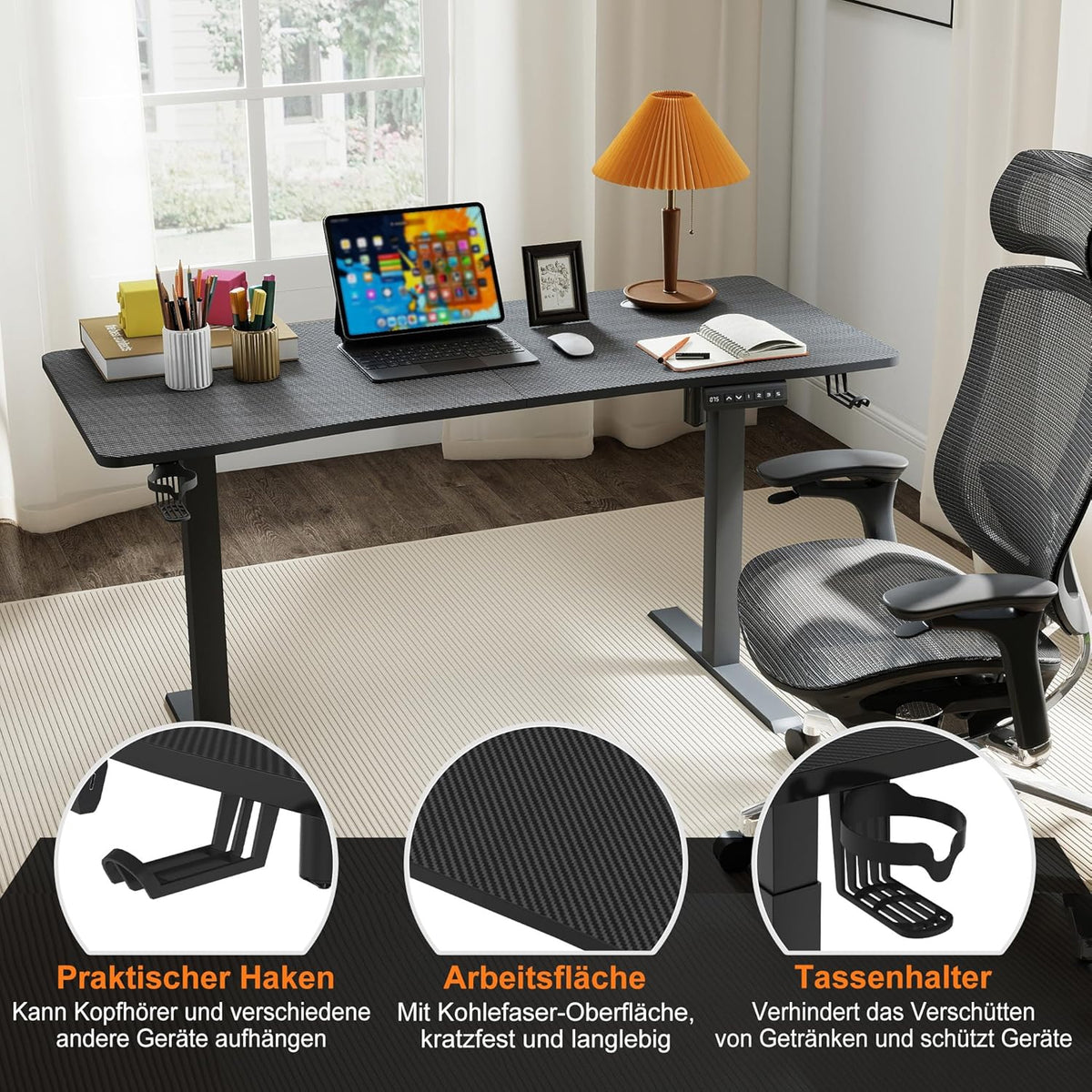 Height Adjustable Desk, 140 x 60 cm, Electric Computer Table, Desk Table with Type C Charging Port, Headphone Hook and Cup Holder, Electric Standing Table with Memory Function - QUORE