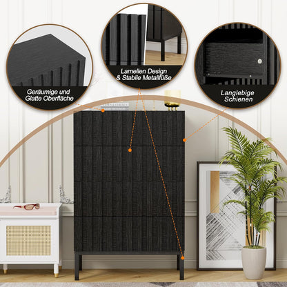 Ladekast – Smalle Ladekast – Opbergkast – Dressoir – Kast Met Lades – 4 Ruime Lades – MDF Metalen Poten – 60x34,5x92 cm – Zwart – Kras- En Vochtbestendig