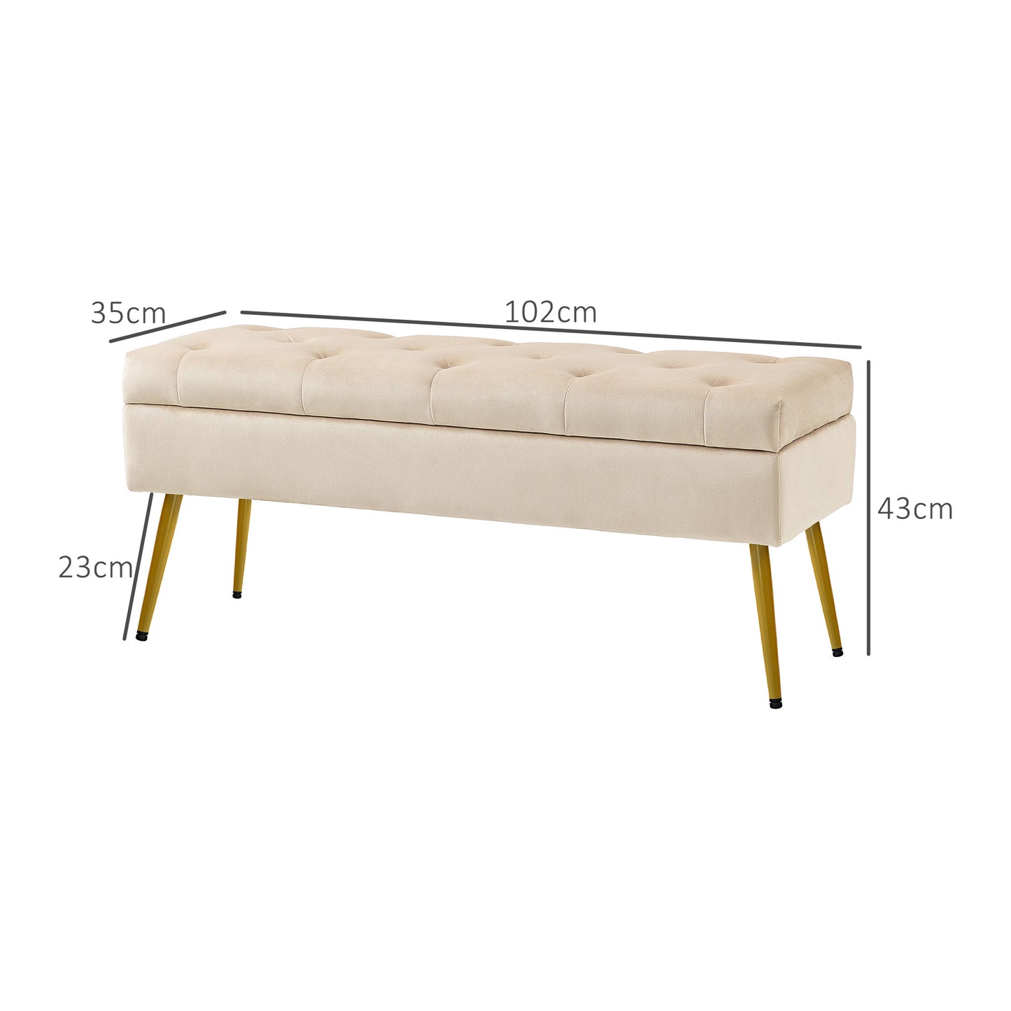 Opbergbank – Opbergbank – Poef – Zitbank – Hocker – Beige Velvet-Look – Getufte Bekleding – Stevig Metalen Frame – 102x35x43 cm