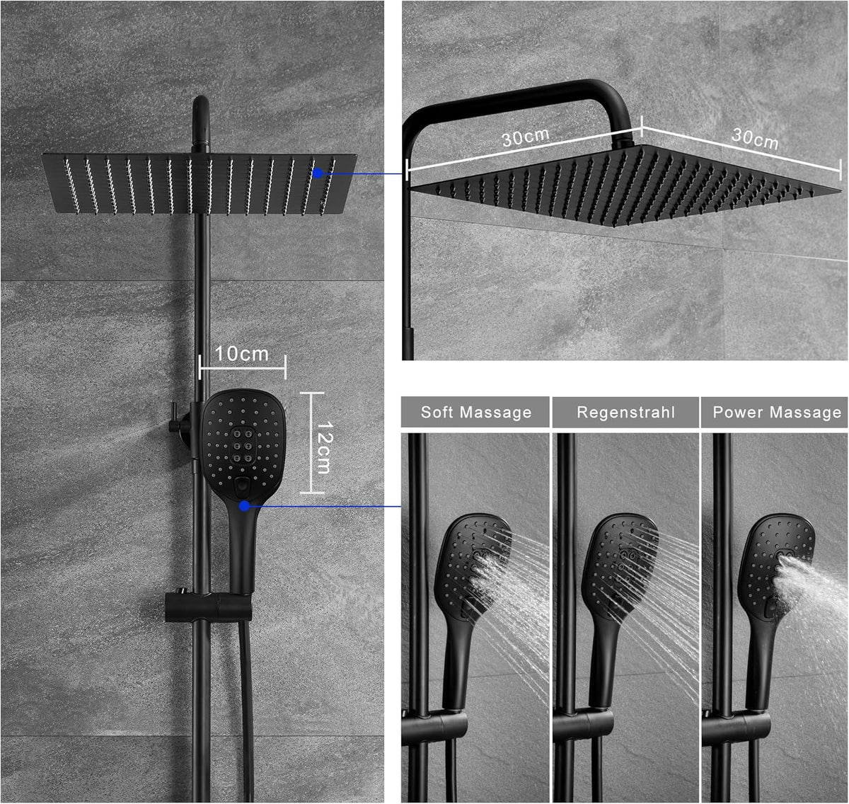 Douchesysteem – Doucheset – Regendouche – Thermostaatkraan – Douchekolom – Hoogte Verstelbaar – 30x30 cm Regendouchekop – Veiligheidsstop 38°C