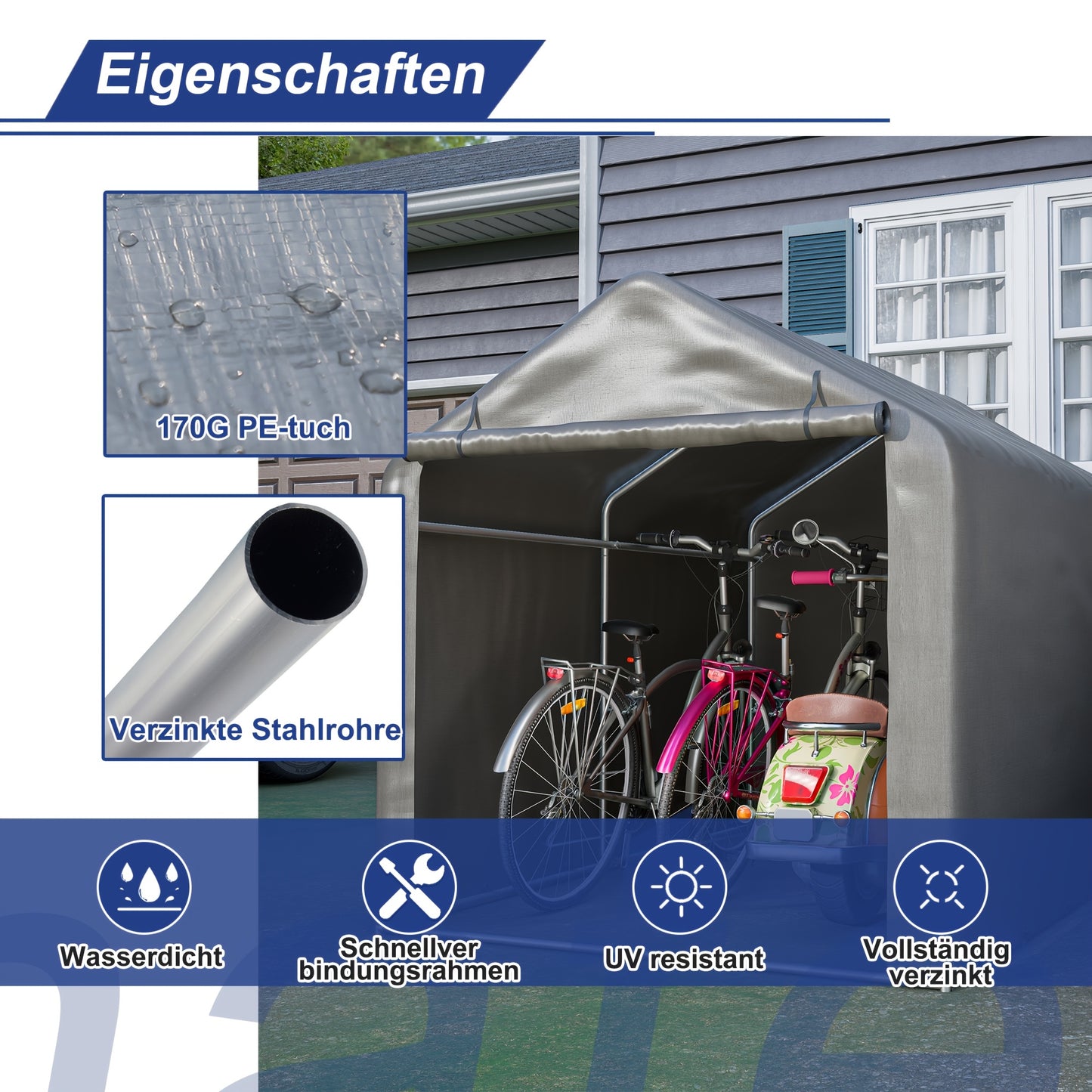 Fietsenstalling – Fietsberging – Fietsenhok – Gereedschapsschuur – Tuinhuisje – 160x220x165 cm – Waterdicht PE Materiaal – Rolluikdeur