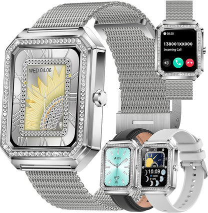 Smartwatch Dames met Telefoonfunctie, Fitnesstracker met Diamant,Bloeddrukmeting,Fitnesshorloge met Hartslagmeter Slaapmonitor, Activiteitstracker Armband met voor Android iOS (Zilver)