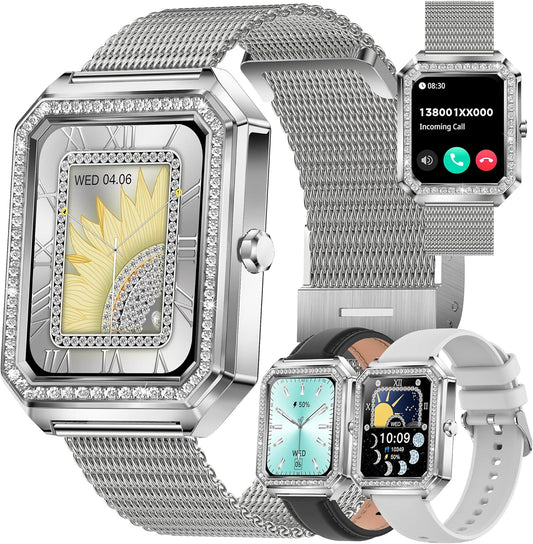 Smartwatch Dames met Telefoonfunctie, Fitnesstracker met Diamant,Bloeddrukmeting,Fitnesshorloge met Hartslagmeter Slaapmonitor, Activiteitstracker Armband met voor Android iOS (Zilver)
