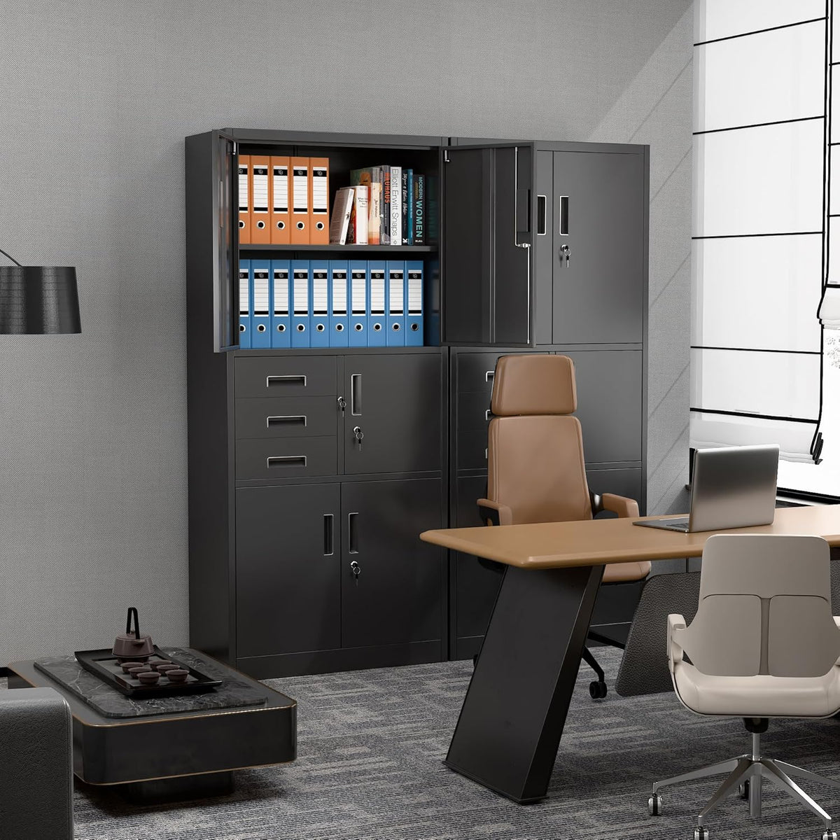 Metal Storage Cabinet with 5 Doors and 3 Drawers, Metal File Cabinet with Doors and Shelves, Steel Cabinet with Lock for Office, Warehouse, Home, 180 x 80 x 40 cm - QUORE