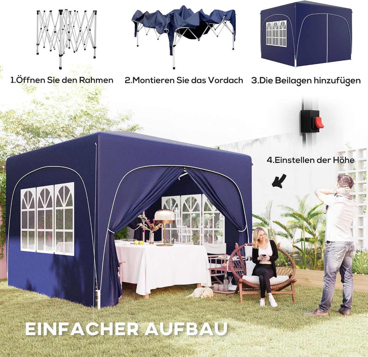 Outsunny Pavillon 3x3m, wasserabweisend Stabil Winterfest Pop-up Faltpavillon, UV Schutz 50+, Faltbar Partyzelt Gartenzelt mit 4 Seitenteilen Tasche Gartenpavillon für Camping Garten, Dunkelblau - QUORE