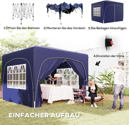 Outsunny Pavillon 3x3m, wasserabweisend Stabil Winterfest Pop-up Faltpavillon, UV Schutz 50+, Faltbar Partyzelt Gartenzelt mit 4 Seitenteilen Tasche Gartenpavillon für Camping Garten, Dunkelblau - QUORE