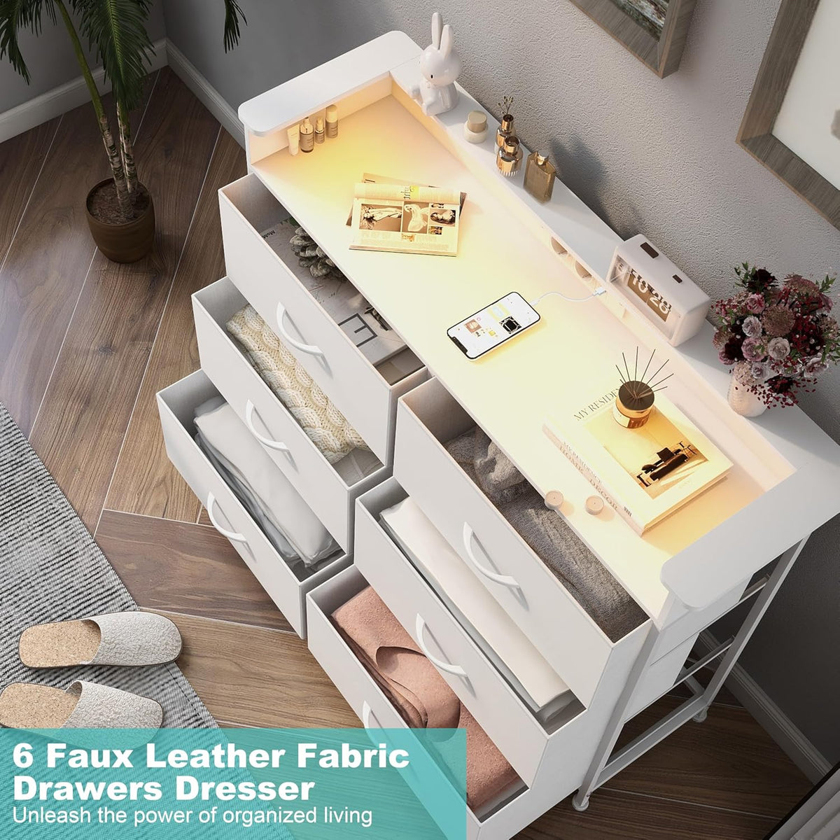 VEDECASA Commode met 6 laden en LED-verlichting. Dressoir met 2 USB-poorten & 2 stopcontacten. Opbergtoren met kast voor slaapkamer, woonkamer en hal, metalen frame, houten plaat