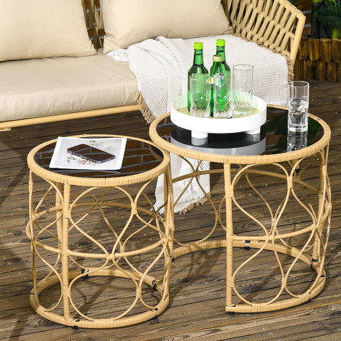 Tuintafel - Tuintafel Rond - Bijzettafeltje - Set van 2 - Rattenbijzettafel - Bistrotafel, Salontafel - met Glazen Tafelblad - Boho-Stijl - voor Terras - Tuin - Φ55 x 51 cm & Φ43 x 47 cm - Khaki/Zwart