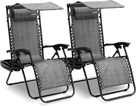 Serenelife Ligstoel, Set van 2 Ligstoelen - Verstelbare Tuinligstoelen met Zonnescherm,Zijtafel,Bekerhouders, Afneembare Kussens - Opvouwbare en Draagbare Loungestoelen voor Terras,Tuin,Strand - Grijs