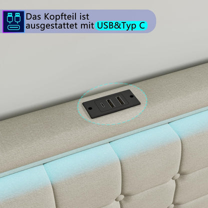 YCZ Bed Frame with Storage Space, Double Headboard Upholstered Bed with LED and USB, Storage Bed with 4 Drawers and Mattress, for Adults, BCDE