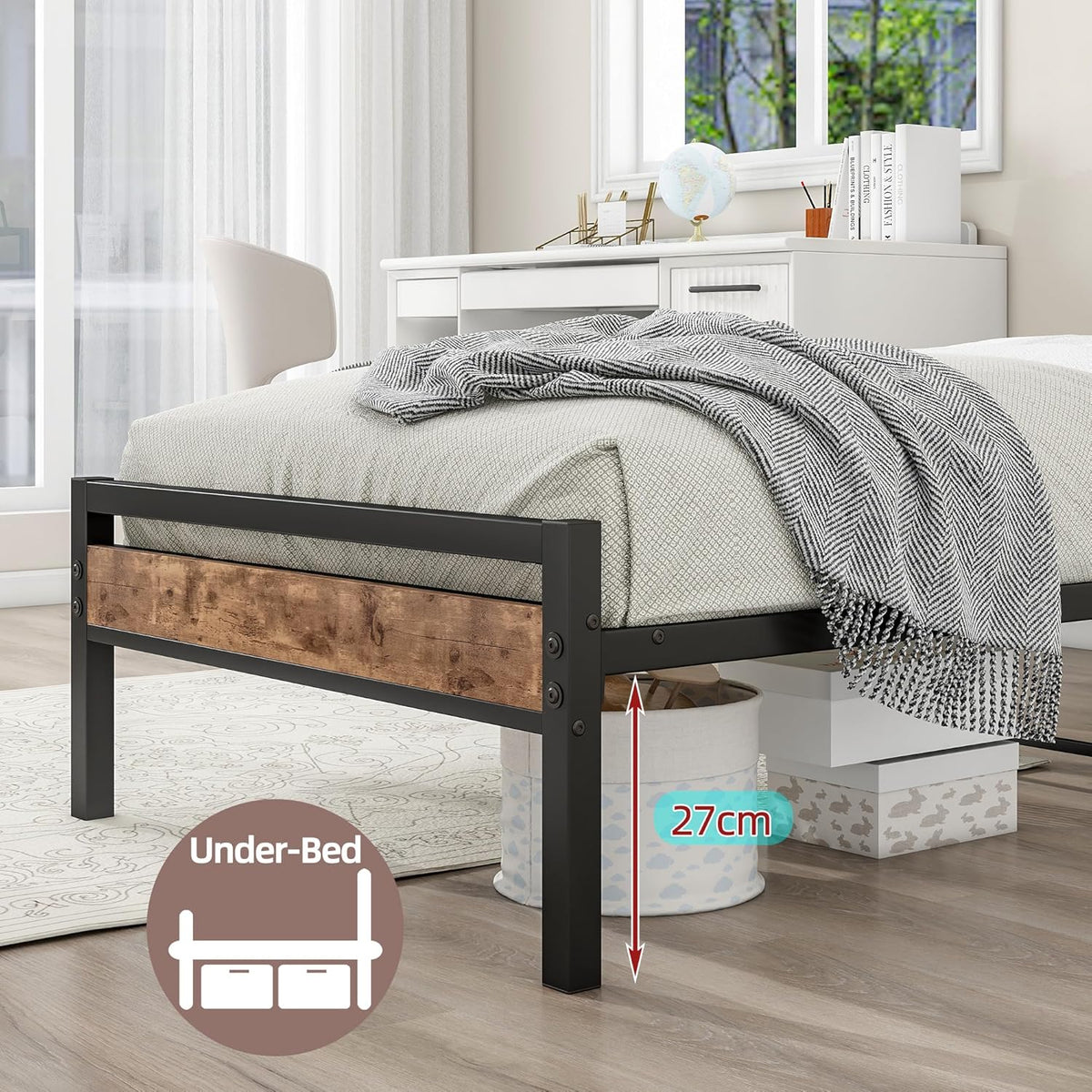 Eenpersoonsbedframe van massief metaal, met houten hoofdeinde, sterk ijzer, platformbedframe, eenpersoonsbed, geen boxspringbed nodig, matrasfundering, opslag onder het bed
