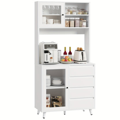 Vrijstaande Opbergkast – Keukenkast – Vitrinekast – Ladenkast – Buffetkast – MDF Hout – 3,2+ Kubieke Voet Opbergruimte – Modern Wit Met Glasdeuren
