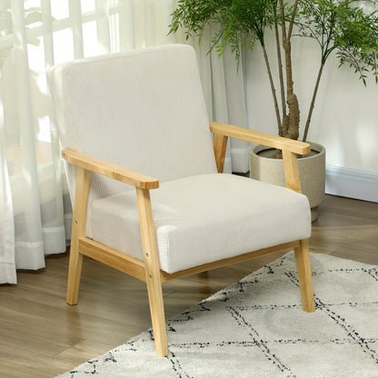 Fauteuil – Relaxstoel – Zithoekstoel – Loungefauteuil – Armstoel – Corduroy Stof – Houten Poten – Crème Kleur
