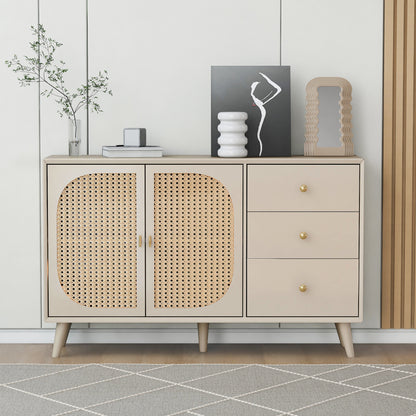 BTM Sideboard Storage Cabinet 120X40X82.5Cm, Off-White Cream with Rattan Fronts, 2 Doors & 3 Drawers, Wood Look, Modern Design for Living Room & Dining Room