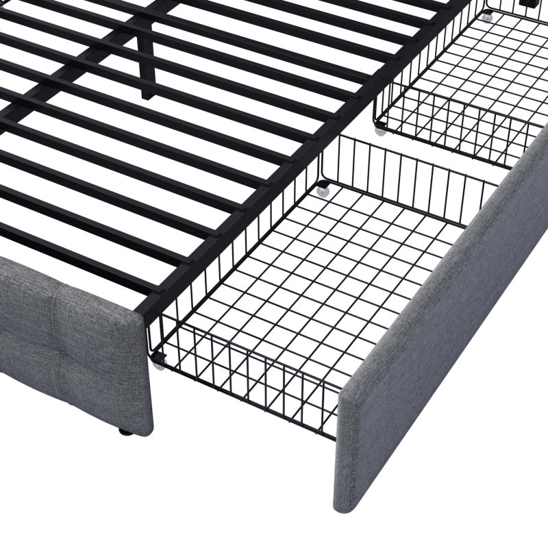 Bedkastenbed – Eenpersoonsbed – Opbergbed – Jeugdbed – Slaapbank – Met Vier Laden – Metalen Frame – Grijze Linnen Bekleding – 140x200 cm – Verstelbaar Hoofdbord