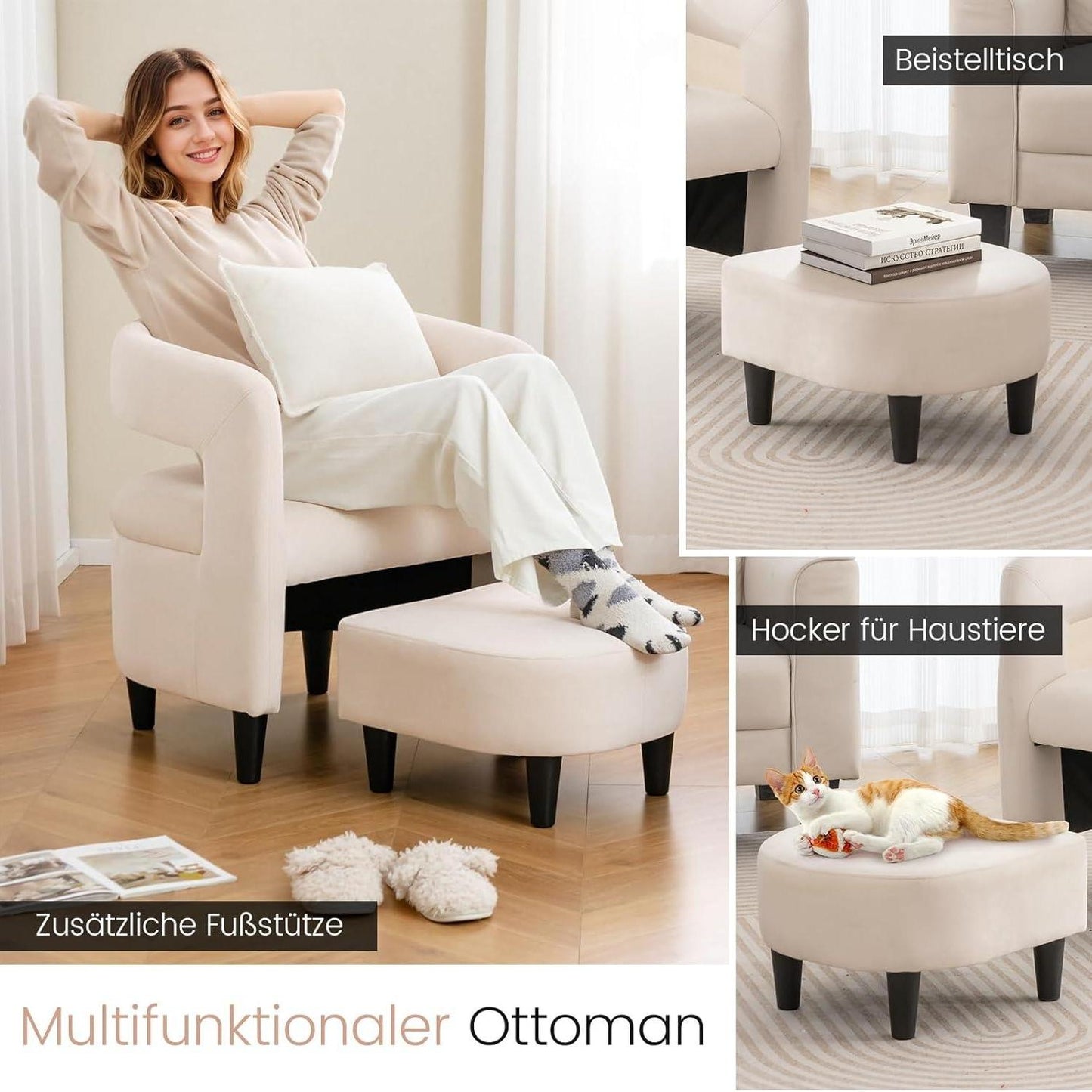 Relaxfauteuil – Relaxstoel – Fauteuil – Loungefauteuil – Leunstoel – Met Ottomane – Velvet Bekleding – Massief Houten Frame – Beige