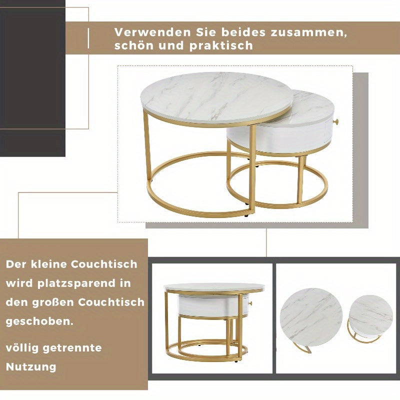 Salontafel – Bijzettafel – Koffietafel – Nestingtafel – Uittrekbare Tafel – Modern Design – Hoogglans Marmerlook – Verstelbare Hoogte – Zwart Metaal – Gouden Accenten