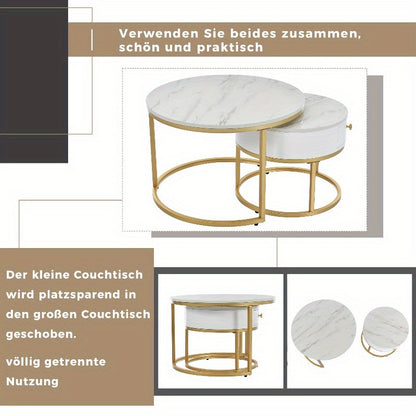 Salontafel – Bijzettafel – Koffietafel – Nestingtafel – Uittrekbare Tafel – Modern Design – Hoogglans Marmerlook – Verstelbare Hoogte – Zwart Metaal – Gouden Accenten