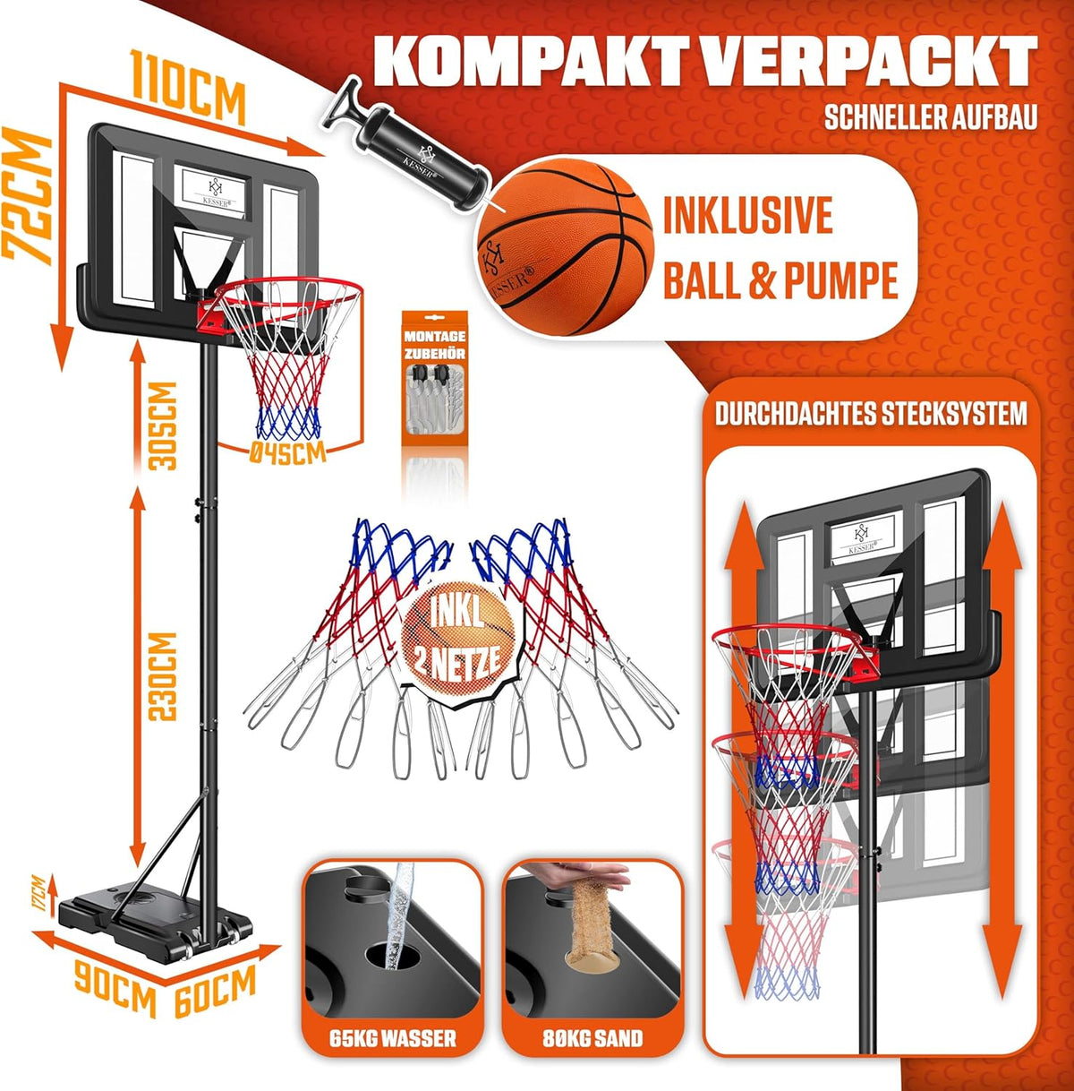 KESSER® Basketball Set Basketball Ring Includes Basketball + Pump and Basketball Stand in Height Adjustable 230cm to 305cm | Outdoor & Indoor Basketball Post - QUORE