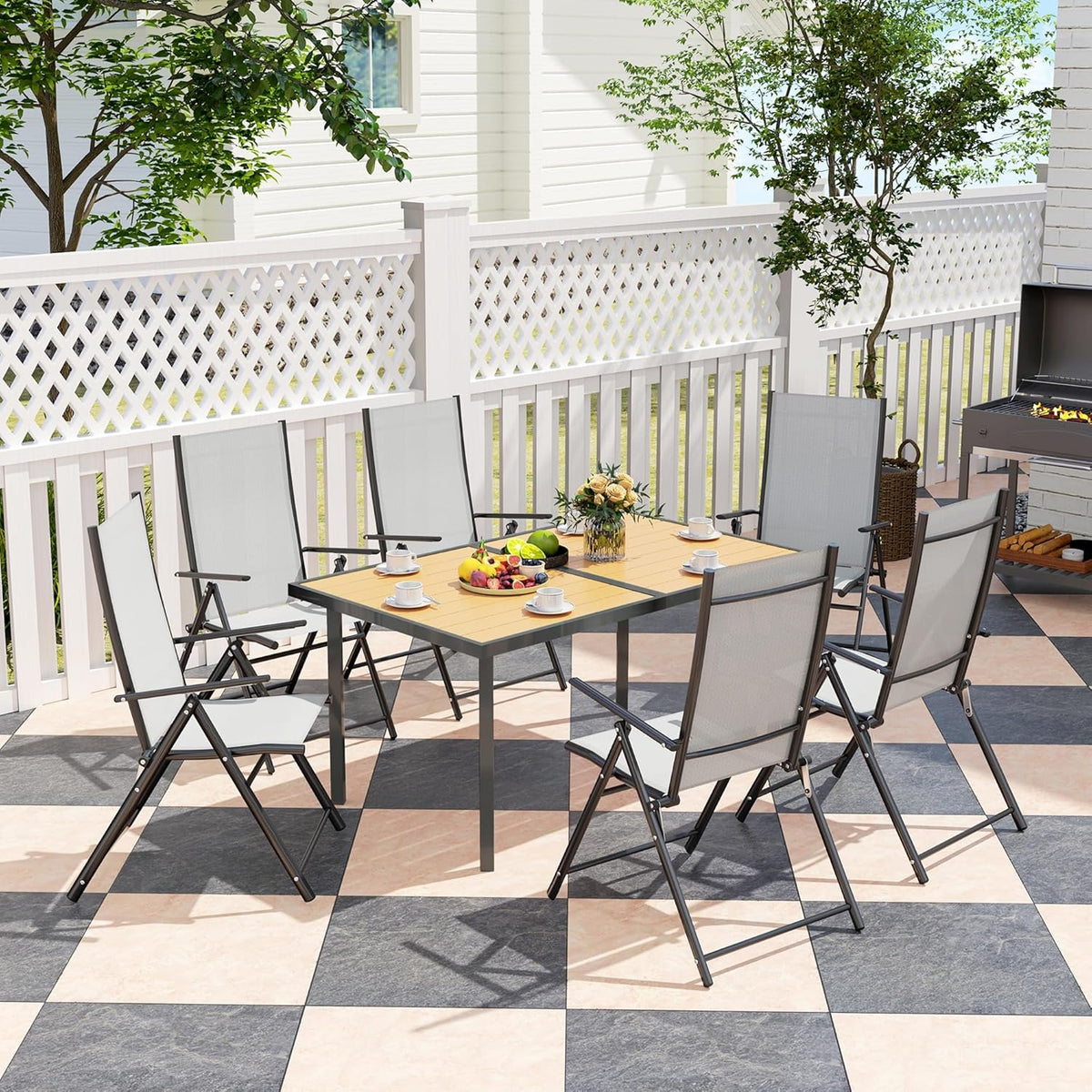 Outsunny Dining Table for 6 People, Garden Table with Rectangular Tabletop in Wood Look, Stainless Steel, for Patio, 150 x 90 x 72 cm, Natural Wood
