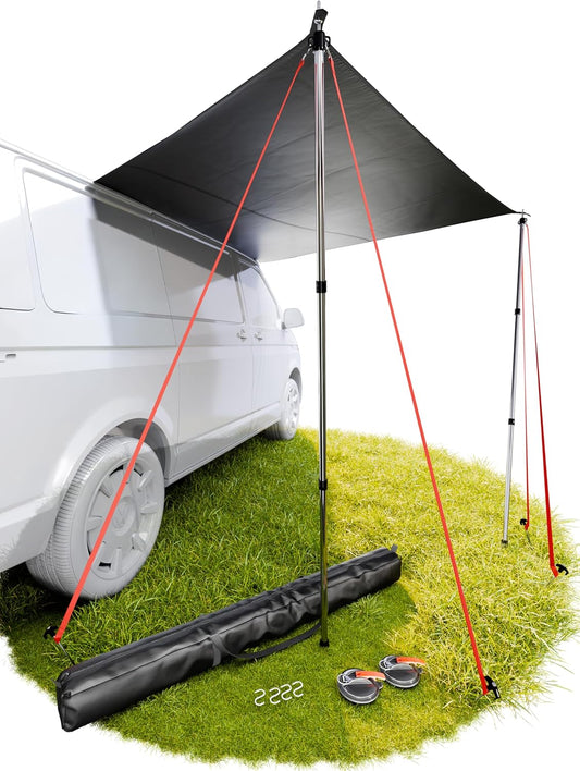 Autoluifel | 2,2 x 2,5 m Zonnescherm met 3 x Keder en 2 x Telescopische Stokken | Zonnescherm Camping Busluifel Auto Camper Keder