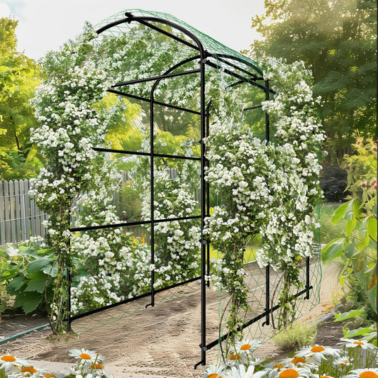 UNHO Hoge tuinboog trellis voor klimplanten, outdoor metalen plantenondersteuning boog tuin prieel tunnel voor groenten planten komkommer latwerk met gaas groot