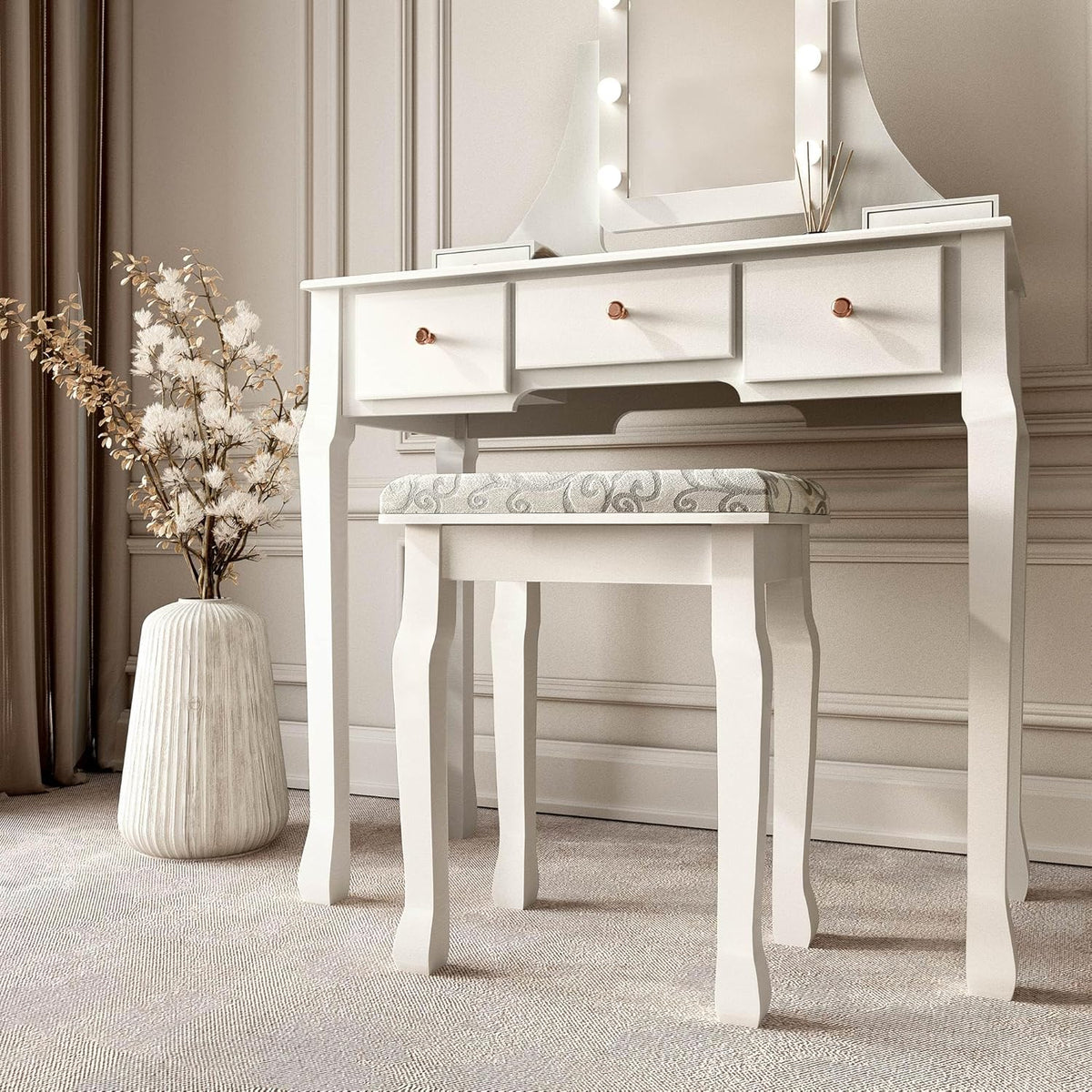 CARME Dressing Table with Mirror LED Lights 5 Drawers Stool Set Makeup Jewelry Organizer Bedroom Furniture - QUORE