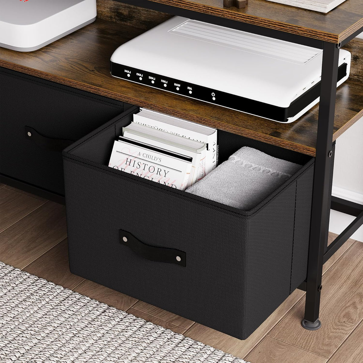 Zstar Tv-standaard, commode, mediaconsoletafel met 3 stoffen laden en open planken voor 55 inch televisie, verstelbare poten, metalen frame, comodetekast voor woonkamer, hal, slaapkamerdecoratie