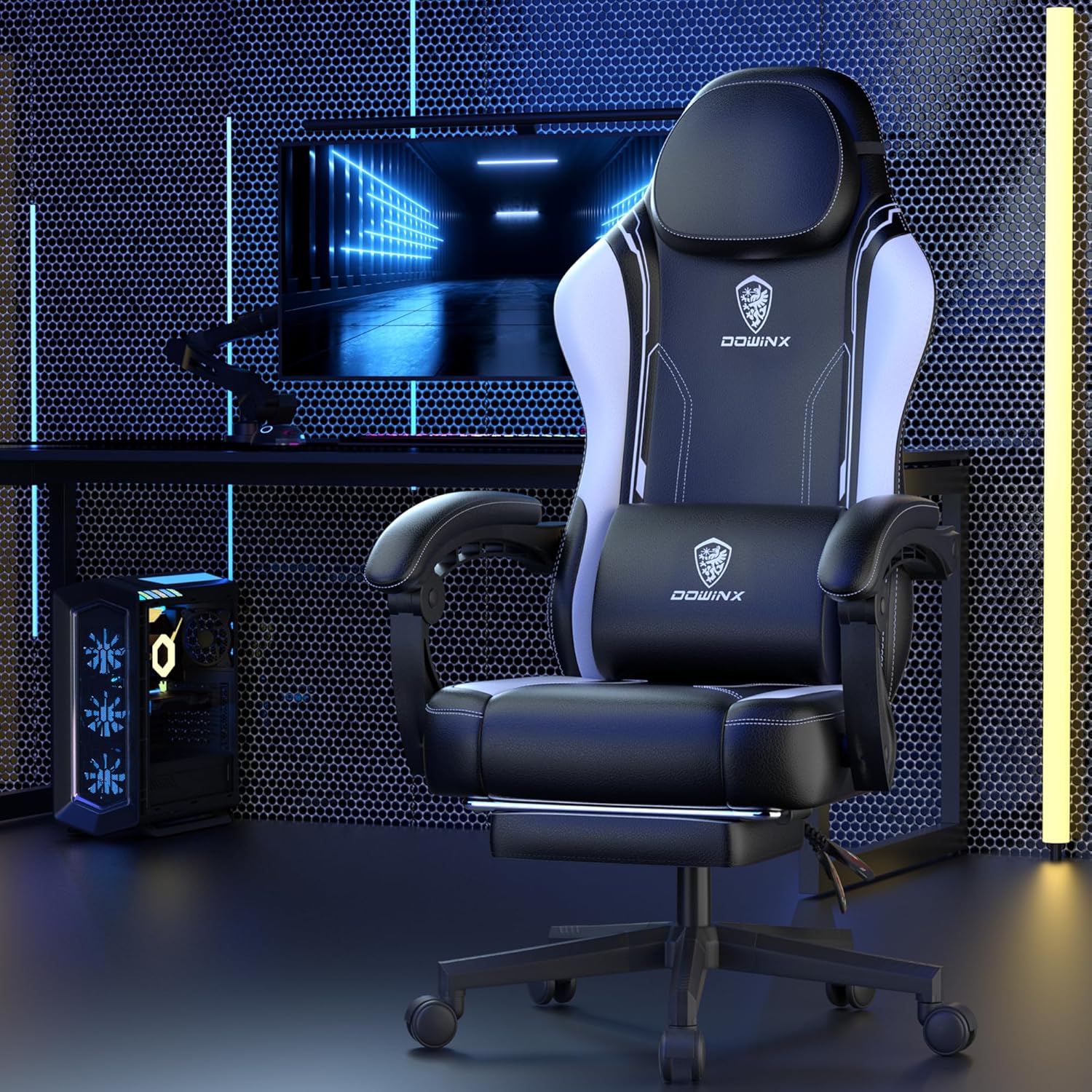 Dowinx Gaming Chair, Ergonomic PU Leather Gamer Chair with Lumbar Support, PC Chair with Widened Backrest, Maximum Load 150 kg, White - QUORE